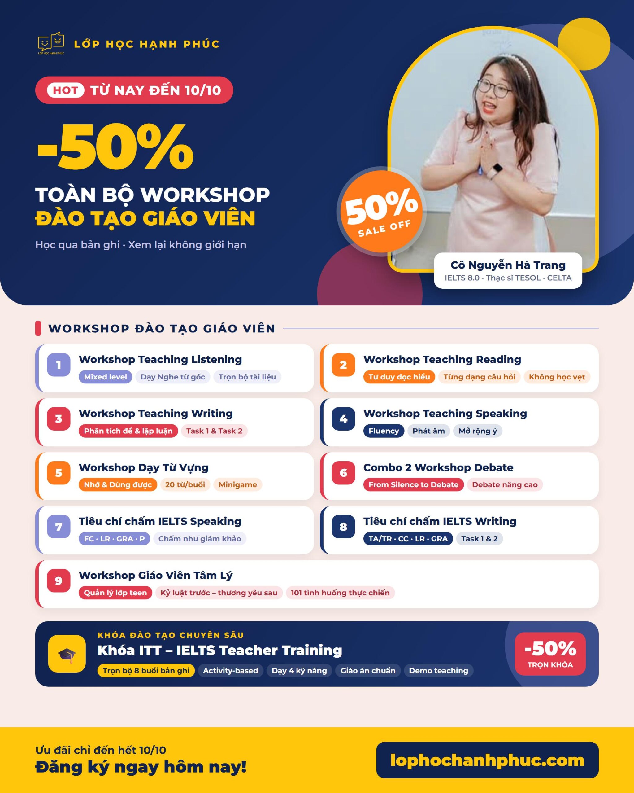 Ưu đãi giảm 20% - Giảm 50% toàn bộ Workshop Đào Tạo Giáo Viên - Cô Nguyễn Hà Trang